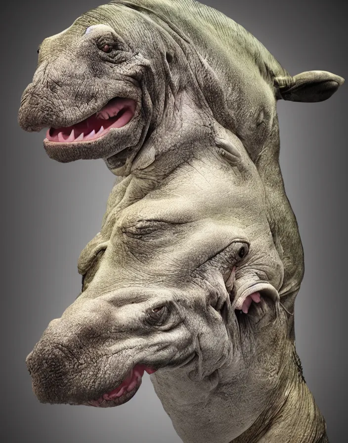 Image similar to portrait of muscular animal human merged head dolphin skin, solid background, scales skin dog, merged monkey head, hippo face morphed, gills, horse head animal merge, morphing dog head, animal eyes, merging crocodile head, anthropomorphic creature