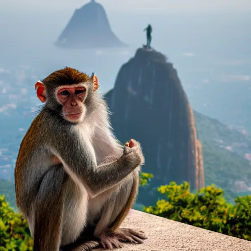 Image similar to high quality portrait of a monkey in front of Christ The Redeemer, studio photograph, photograph, realistic photo, 8k photo, 4k photo, stock photo, high resolution, cinematic shot, high detail