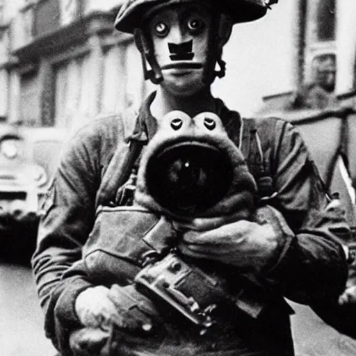 Prompt: a photo of pepe the frog in ww 2 caught in the middle of the streets, historical photo,