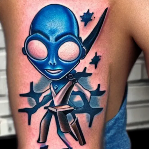 Image similar to new school tattoo of blue alien holding a ray gun