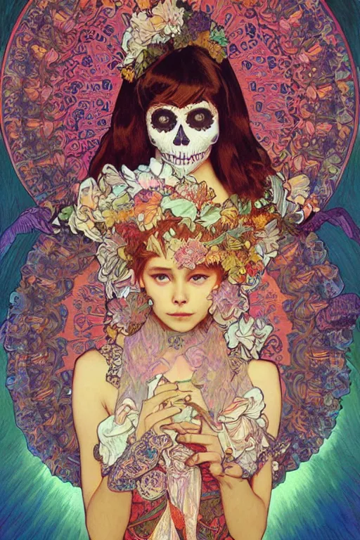 Image similar to realistic detailed psychedelic poster art of a cute Día de los Muertos girl by Victor Moscoso Rick Griffin Alphonse Mucha Ayami Kojima Amano Charlie Bowater, masterpiece