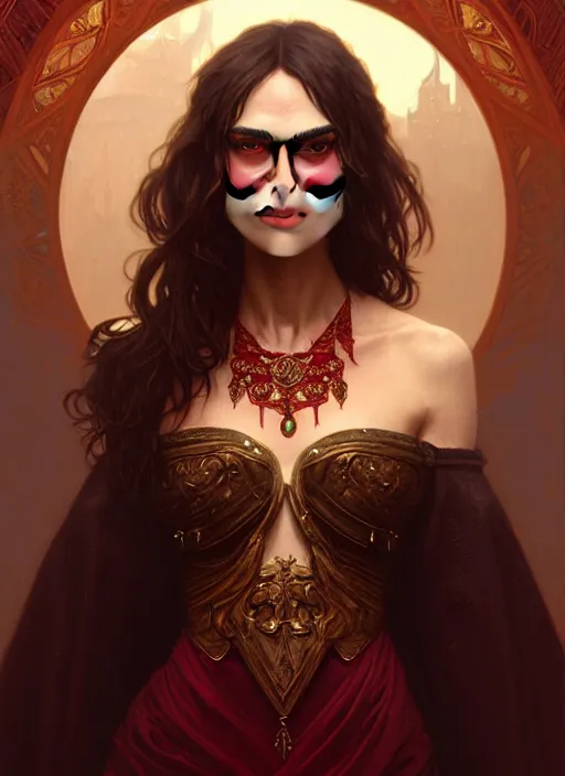 Image similar to portrait of keira knightley as a vampire lord, jewelry, greek, ruby, intricate, headshot, highly detailed, digital painting, artstation, concept art, sharp focus, cinematic lighting, illustration, art by artgerm and greg rutkowski, alphonse mucha, cgsociety