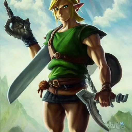 Prompt: an ultra - realistic portrait painting of link from the legend of zelda in the style of frank frazetta. 4 k. ultra - realistic. highly detailed. dark fantasy. epic lighting.