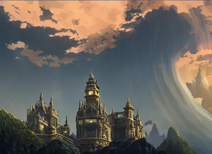 Prompt: Imposing sapphire gothic palace ascending out of the tempestuous sea, beautiful architecture, dramatic lighting, epic composition, wide angle, close up, by Miyazaki, Nausicaa Ghibli, Breath of The Wild