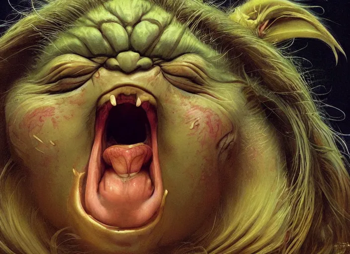 Prompt: a highly detailed portrait of a crazy laughing Yoda on a bad ketamine drug trip, drugs and alcohol littered everywhere, descent into lunacy and madness, dizzy, trippy, artstation, cgsociety, very detailed, intricate, detailed illustration, by artgerm and greg rutkowski and alphonse mucha, sharp, smooth, masterpiece
