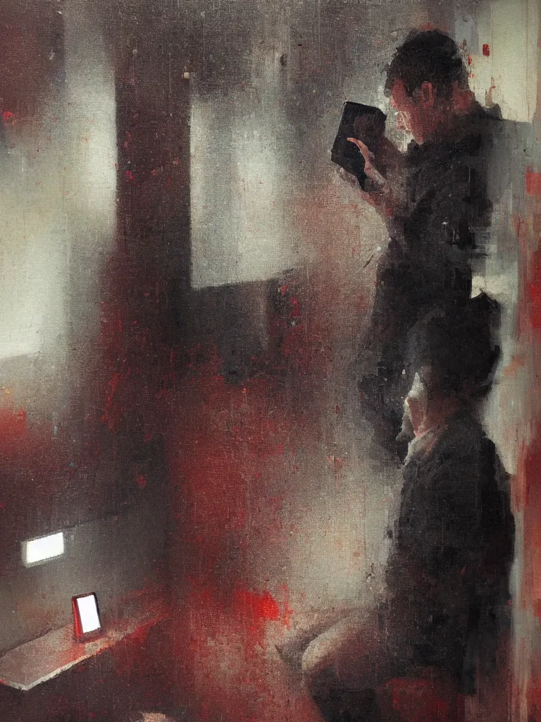 Image similar to a beautiful glitched oil painting of a man looking at his phone in a bathroom, by christian hook, color bleeding, brushstrokes by jeremy mann, cold top lighting