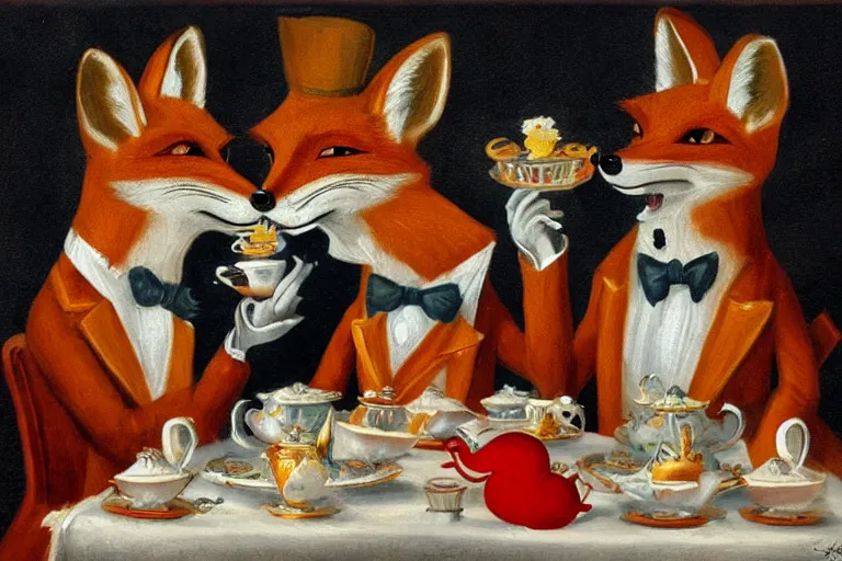 Image similar to anthropomorphic foxes wearing monocles and top hats at a tea party, style of kitsch art painting