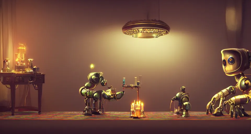 Image similar to a beautiful tapestry, a small robot playing a futuristic holographic chessgame, ultra detailed, atmospheric lighting, steampunk, moody, candles, characters from machinarium, by stanley kubrick, trending on artstation, octane render, 8 k, ultra realistic