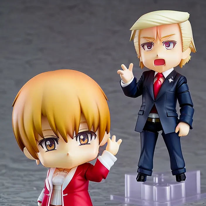 Prompt: An anime Nendoroid figurine of Donald Trump, fantasy, figurine , product photo