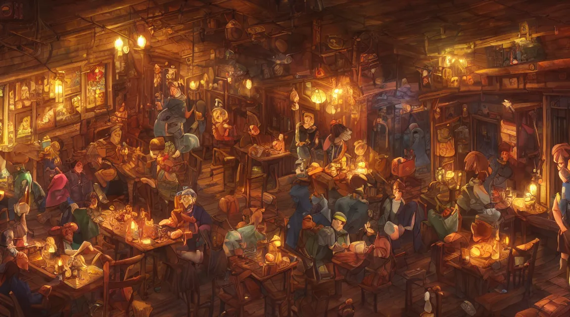 Image similar to A multidimensional cozy tavern, screenshot from anime hidden object game, cinematic lighting, epic composition, cartoon, animation, background art, post processing, 8K resolution