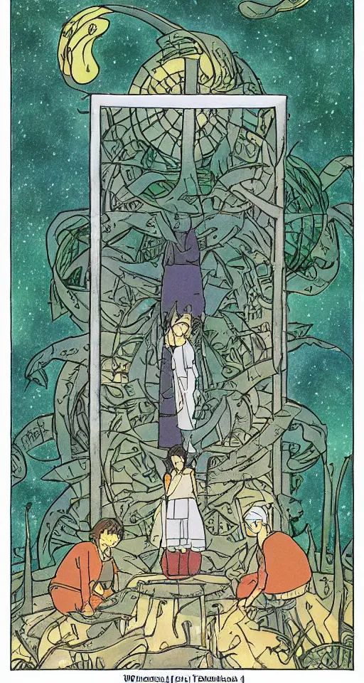 Prompt: three of pentacles tarot card as drawn by studio ghibli, whole card, white frame, concept art