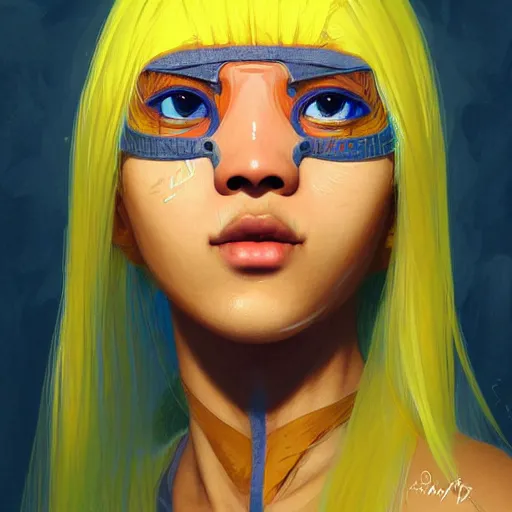 Image similar to filipino cute girl blue - yellow hair, nasal strip, broken nose, cyborg nose, glowing hair, intricate, elegant, highly detailed, my rendition, digital painting, artstation, concept art, smooth, sharp focus, illustration, art by artgerm and greg rutkowski and alphonse mucha and uang guangjian and gil elvgren and sachin teng