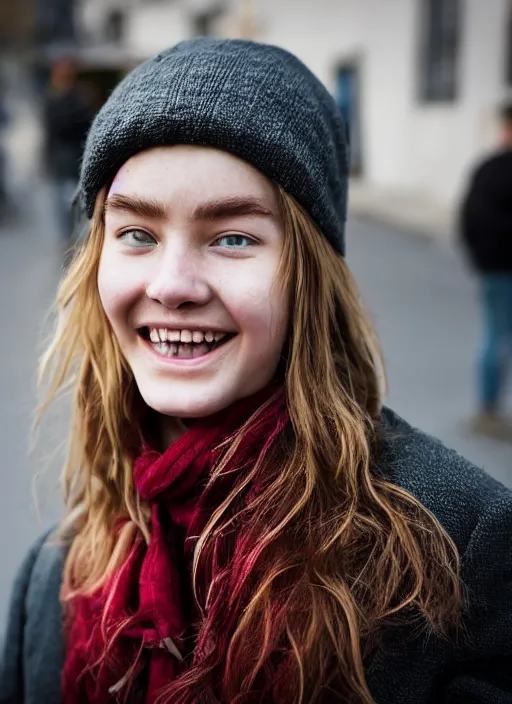 Image similar to Mid-shot portrait of a beautiful 20-year-old woman from Iceland, smile, candid street portrait in the style of Martin Schoeller award winning, Sony a7R