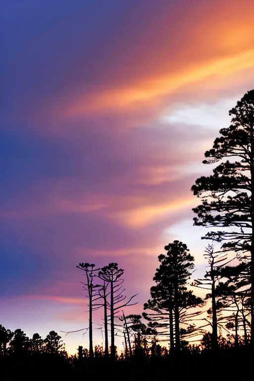 Prompt: white robot stands at the edge of a pine forest at sunset. Sunset layered cloud sky. Sunset colour. Swirls layers clouds. Geoff darrow and Anna dittmann. Pine forest trees at sunset.