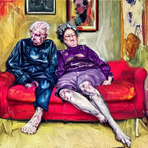 Prompt: high quality high detail painting of a old dead couple on a couch in a soviet apartment by lucian freud and jenny saville and francis bacon and malcom liepke and nicola samori, hd, anxiety, turquoise and purple and orange and pink, dark atmosphere