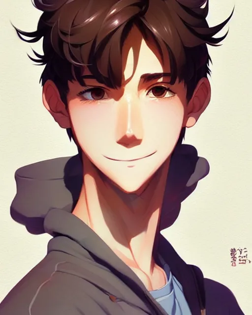 Image similar to teen boy with short chopped brown hair, bangs, unibrow, nerdy smile, portrait shinkai makoto studio ghibli studio key hideaki anno sakimichan stanley artgerm lau rossdraws james jean marc simonetti elegant highly detailed digital painting artstation pixiv