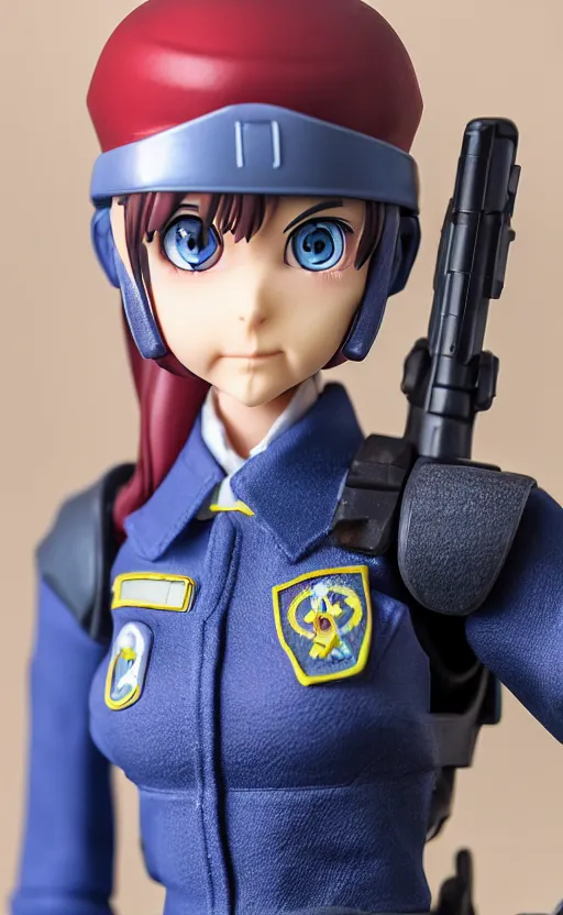 Image similar to toy photo, realistic face, school uniform, portrait of the action figure of a scifi soldier girl, anime character anatomy, small blue eyes, figma by good smile company, collection product, dirt and smoke background, flight squadron insignia, realistic military gear, 70mm lens, round elements, photo taken by professional photographer, trending on instagram, symbology, 4k resolution, low saturation, realistic military carrier