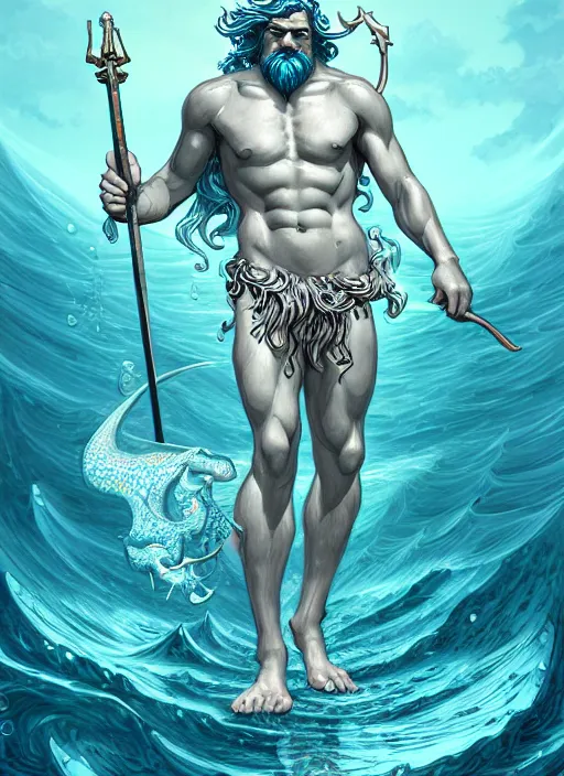 Image similar to an illustration of poseidon, fantasy, highly detailed, digital painting, refreshing, trending on artstation, concept art, smooth, illustration by james jean