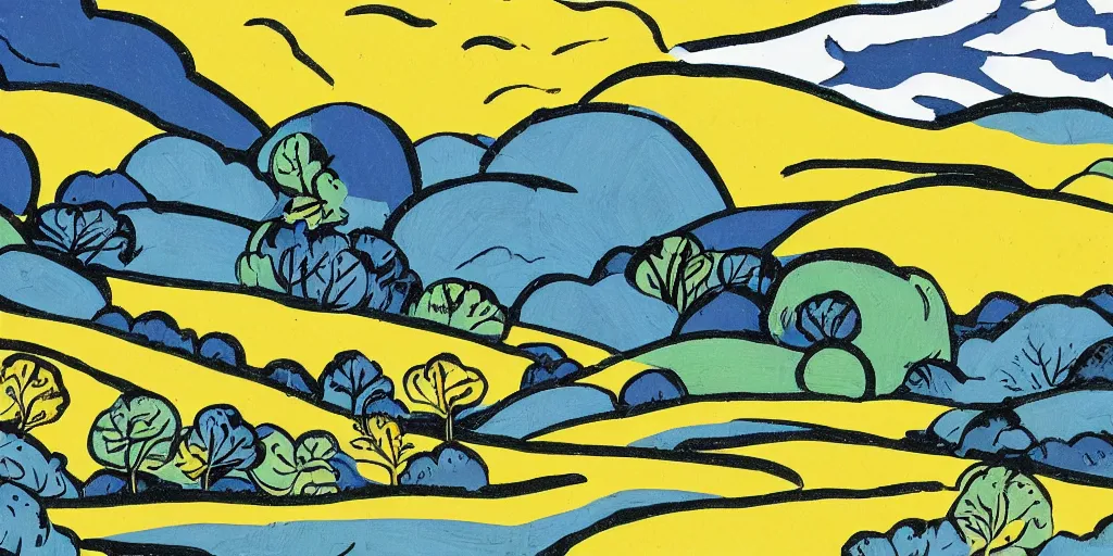 Image similar to landscape illustration in the style of roy lichtenstein