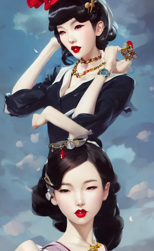 Image similar to a pin up and beautiful fashion and charming and dreamlke japan girl with lv jewelry, character art, art by artgerm lau and kyoung hwan kim and and ilya kuvshinov and john singer sargent, hyperdetailed, 8 k realistic, symmetrical, frostbite 3 engine, cryengine, dof, trending on artstation, digital art
