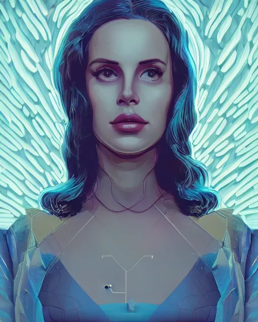 Image similar to portrait of Lana Del Rey as a cyborg. intricate abstract. intricate artwork. by Tooth Wu, wlop, beeple, dan mumford. mulholland drive by david lynch, dune by david lynch, blade runner 2049 by dennis villeneuve, sacred geometry, octane render, trending on artstation, greg rutkowski very coherent symmetrical artwork. cinematic, hyper realism, high detail, octane render, 8k, iridescent accents