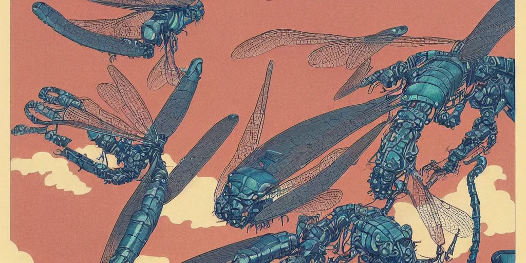 Image similar to gigantic robotic dragonflies with human faces catch tiny robots, a lot of exotic plants around, human heads everywhere, risograph by kawase hasui, edward hopper, satoshi kon and moebius, no text!, colorful flat surreal design, super - detailed, a lot of tiny details, fullshot