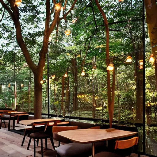 Prompt: a modern cafe in a magical forest,