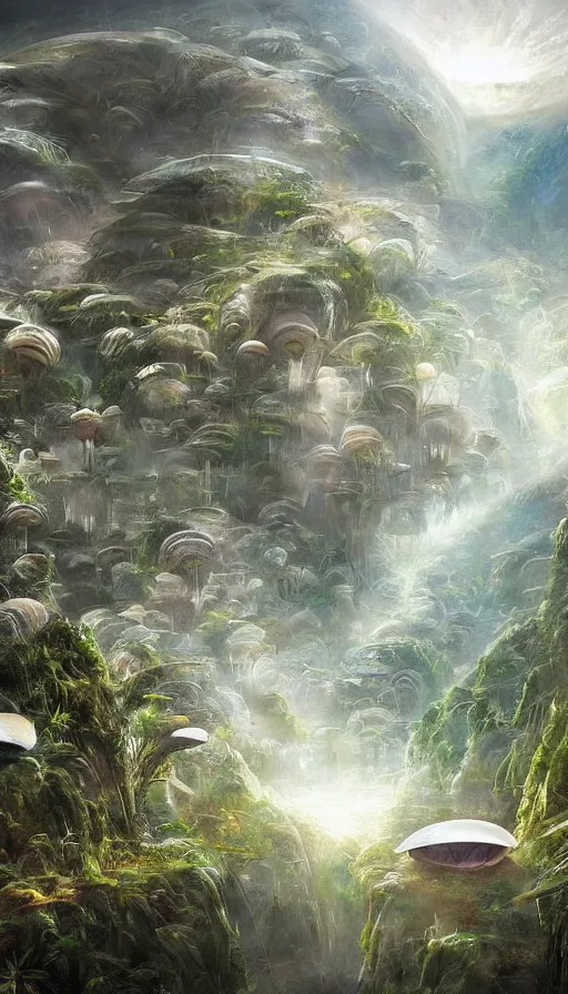 Prompt: beautiful portrait of bamboo living pods shaped like a sea shell built on the side of a mountain, the time machine, alien habitat, ufo by john berkey, ssci - fi, futuristic valley, rendered in octane, zbrush, art by artgerm, artwork by alex grey and brian froud and esao andrews and david hardy and arik brauer