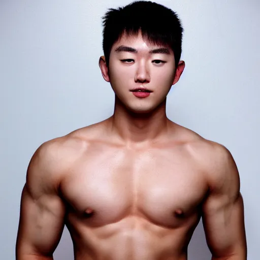 Image similar to a blond korean 2 0 year old man with large muscles and abs