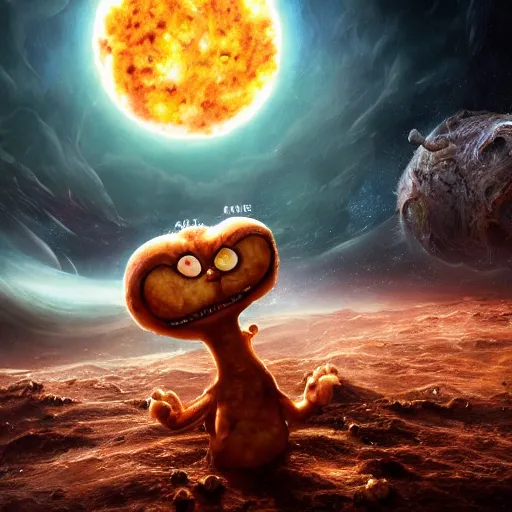 Prompt: eldritch horror bloody garfield in space, hd, 8 k, giant, epic, realistic photo, unreal engine, stars, prophecy, powerful, cinematic lighting, destroyed planet, debris, violent, sinister, ray tracing, dynamic, epic composition, dark, horrific, teeth, grotesque, monochrome drawing, hellscape