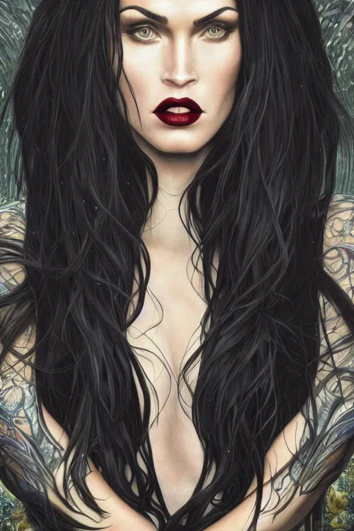 Image similar to ultra realistic illustration, a full body portrait of megan fox as morticia addams as death of the endless, the sandman, intricate, elegant, highly detailed, digital painting, artstation, concept art, smooth, sharp focus, illustration, art by artgerm and greg rutkowski and alphonse mucha