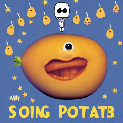 Prompt: an album cover for a singing potato