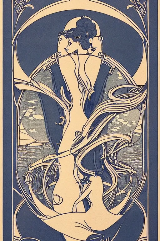 Image similar to Beautiful Art Nouveau print of a ship crossing the vast ocean