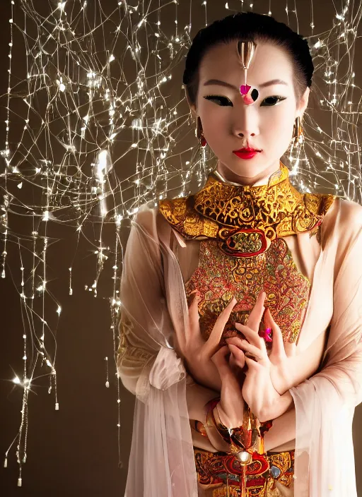 Image similar to photo shoot pose photo of beautiful Chinese ancient princess standing in the corridor in the space ship, symmetrical face, big eyes and lips, looking down, subtle makeup, clean face and body skin,ecstatic expression, ornamental jewelry and ancient translucent clothes, futuristic space ship interrior, wires with lights,depth of field, lens flares, dust in the air, moody lighting, intricate, elegant, highly detailed, centered, smooth, sharp focus, Donato Giancola, Joseph Christian Leyendecker, WLOP, Boris Vallejo, Artgerm moody photography, old photo, black and white, sepia, cinematic lighting, cinematic angle, editorial photography