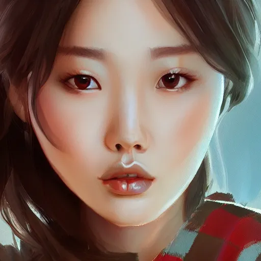 Prompt: a beautiful korean woman with wide sultry hazel eyes and brown hair, wearing plaid pleat shorts and drawstring shirred tube top, stunning, highly detailed, digital painting, artstation, hard focus, art by artgerm and wlop
