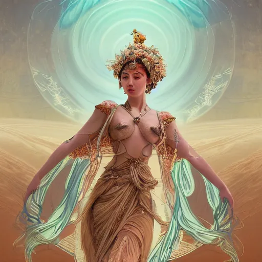 Image similar to a goddess dancing in the desert, symmetrical face, fantasy, intricate and very beautiful and elegant, highly detailed, digital painting, artstation, concept art, smooth and sharp focus, illustration, art by tan zi and ayanamikodon and alphonse mucha and wlop