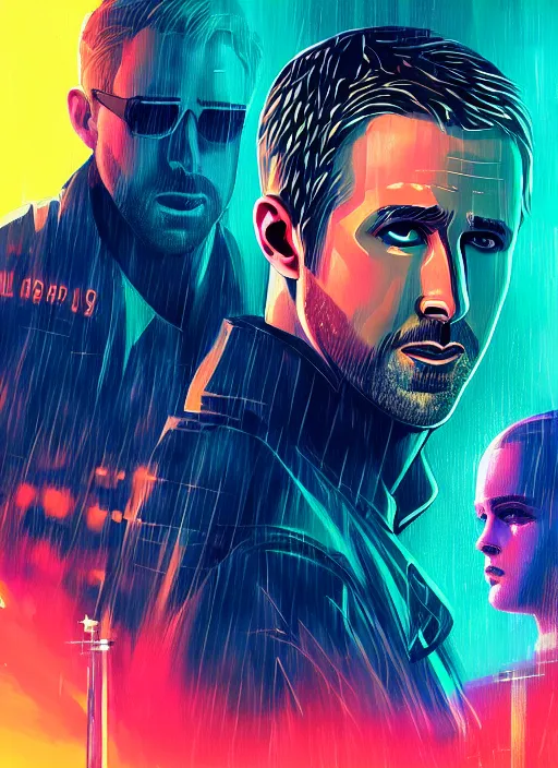 Image similar to ryan gosling in blade runner 2 0 4 9 portrait illustrated by rossdraws, vivid colors, soft lighting, digital artwork 4 k, best of artstation