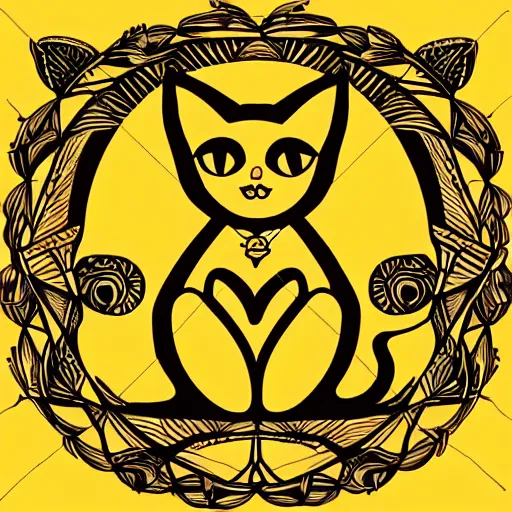 Image similar to tattoo sketch of a cat hugging the sun, on a yellow paper, african ornament, minimalism, vector