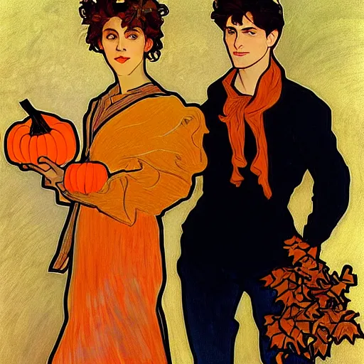 Image similar to painting of handsome young delicate beautiful jeffrey in his 2 0 s with brown hair and gorgeous rina together at the jack o'lantern halloween party holding pumpkins, elegant, clear, painting, stylized, art, art by alphonse mucha, vincent van gogh, egon schiele,