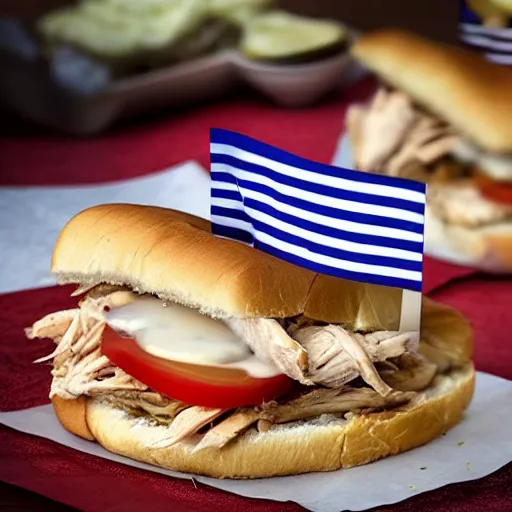 Image similar to Chicken Sandwich made to look like American Flag, food photography