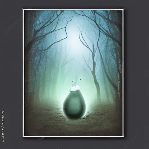 Image similar to Cuddly slime creature wandering a dark deep forest, Airbrush Style, Foggy, Moody, Horror