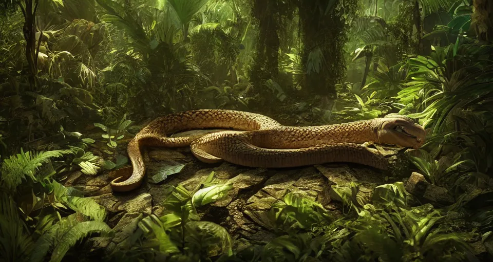 Image similar to a python in a jungle environment, dramatic lighting, cinematic, octane render, cgsociety, artstation, 4k