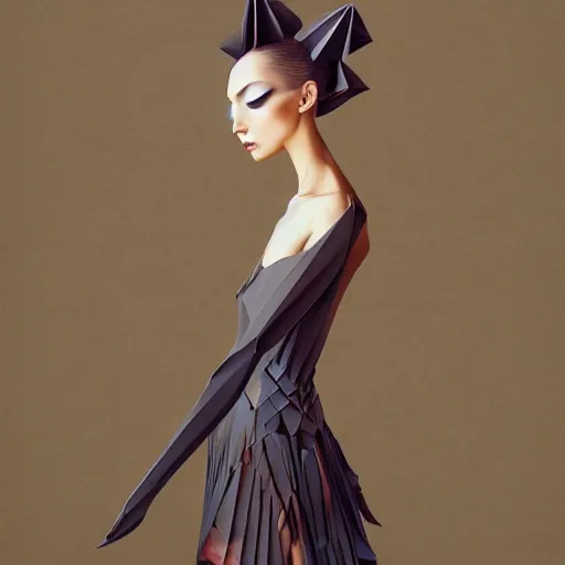 Image similar to 3 / 4 view of a beautiful girl wearing an origami dress, elegant, by esao andrews, by eiko ishioka, givenchy, by peter mohrbacher, centered, high depth of field, origami, detailed fashion illustration, vogue, japanese, reallusion character creator