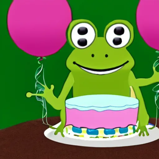 Image similar to a frog with a birthday cake, in the style of a cartoon