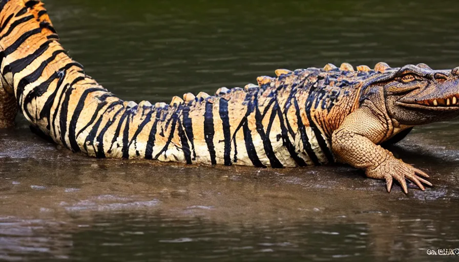 Image similar to an alligator tiger!!! hybrid! hyper realistic!! realistic lighting!! wildlife photographer of the year!!! bold natural colors, national geographic, hd, wide angle, 8 k