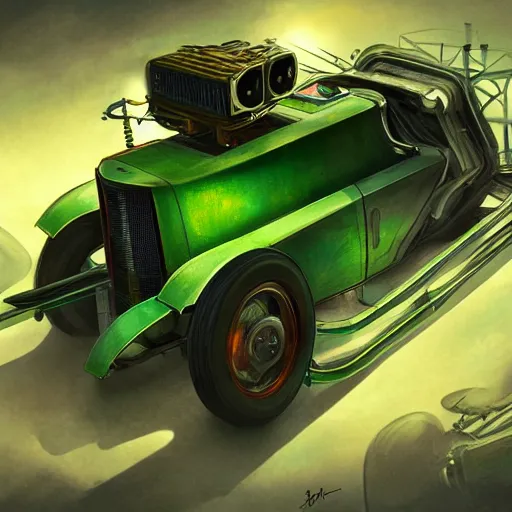 Image similar to Rusty transformer of a 1920 race car, autobots, transformer, soft green lighting, highly detailed, digital painting, artstation, concept art, smooth, sharp focus, illustration