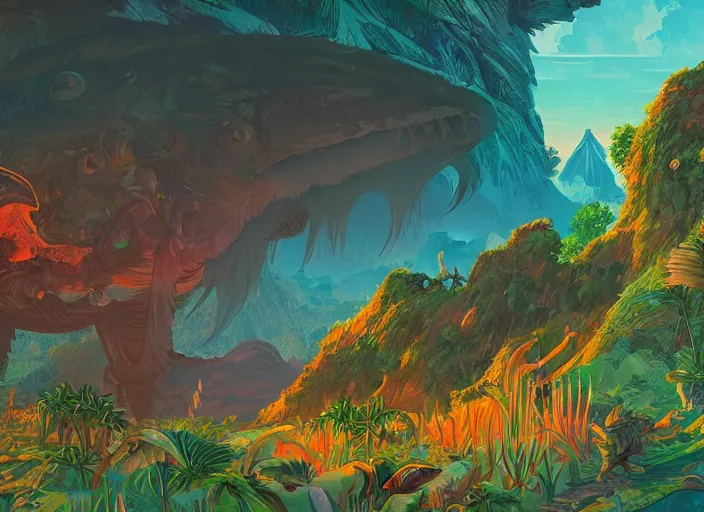 Prompt: psychedelic art of dinosaurs and volcanoes, jungle landscape, detailed, cel shaded, by makoto shinkai and moebius and anton fadeev and james gurney