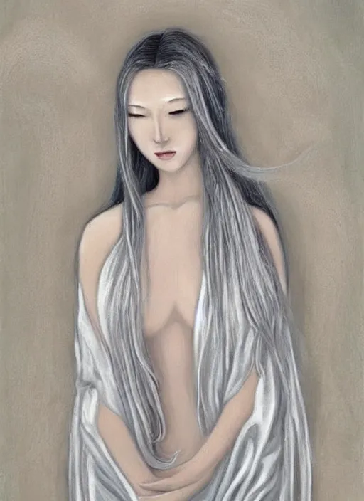 Image similar to tall thin beautiful goddess, pale wan female angel, long flowing silver hair covering her whole body, beautiful!!! painting, young wan angel, flowing silver hair, flowing white robes, flowing hair covering front of body, white robe, white dress!! of silver hair, covered!!, clothed, unexposed, aesthetic, mystery