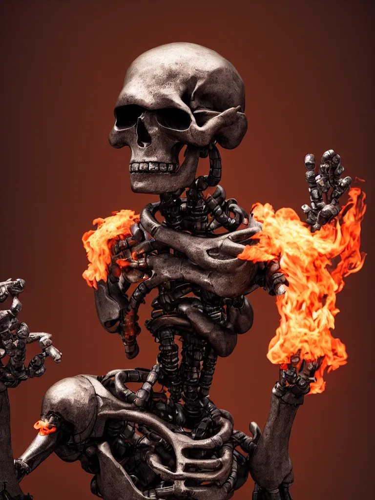 Prompt: the thinker sculpture as an skully I Robot with a smoke and fire background, by mario feng, ray tracing, master shot, octane render, 8k, ultra hd, perfect light