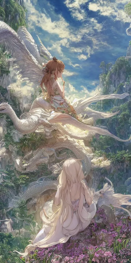 Image similar to the beautiful hyper detailed scene render that a beautiful princess sitting on the back of a huge silver white dragon alone in fairyland surrounded by white clouds, finely detailed angelic face delicate features, style of studio ghibli, makoto shinkai, raphael lacoste, louis comfort tiffany, artgerm, james jean, ross tran, animation style, hd, ultra wide angle